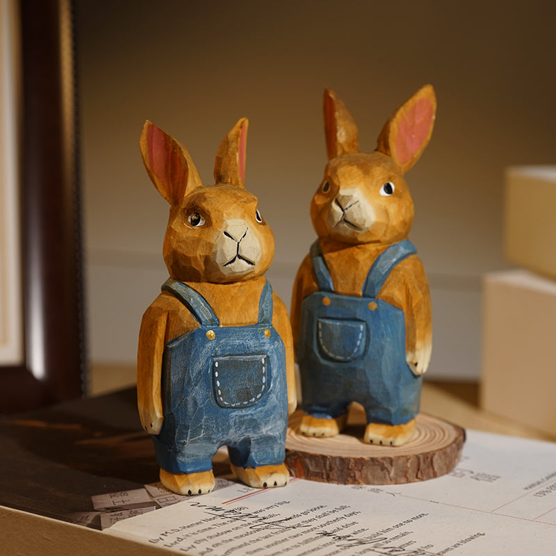 Denim style wooden bunny, hand-painted sculpture