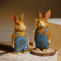 Denim style bunny figures, handmade, come with a wooden base.