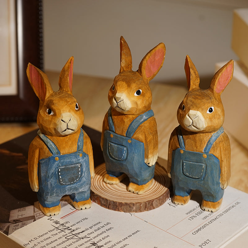 Three denim bunny wooden figures for cute animal lovers.