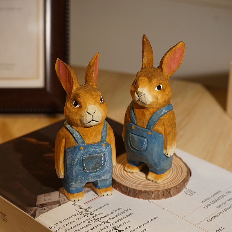 Denim bunny figurine, hand-painted wooden sculpture