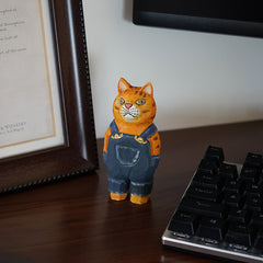 Single denim cat sculpture, hand-painted wooden figurine