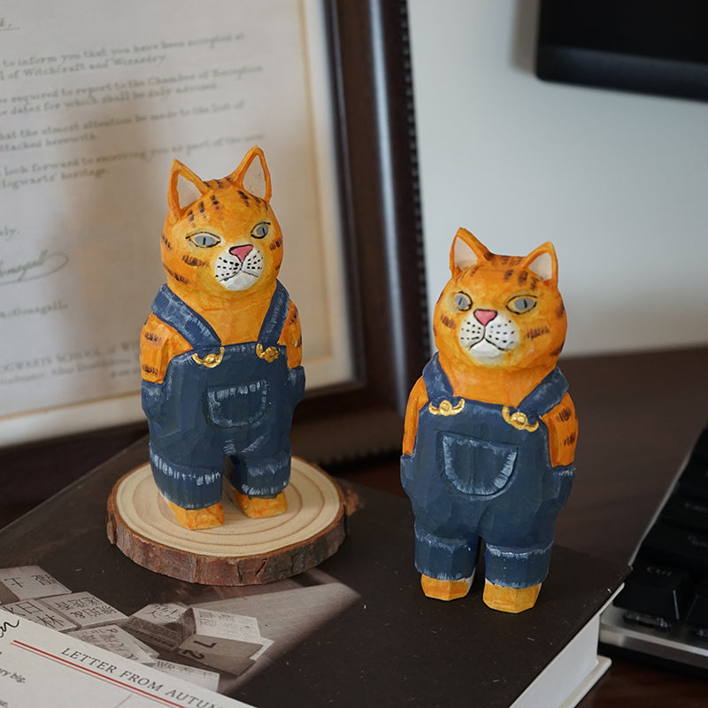 Denim cat sculpture, hand-painted wooden figurine