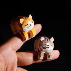 Miniature cat figurines, hand-painted wooden sculptures