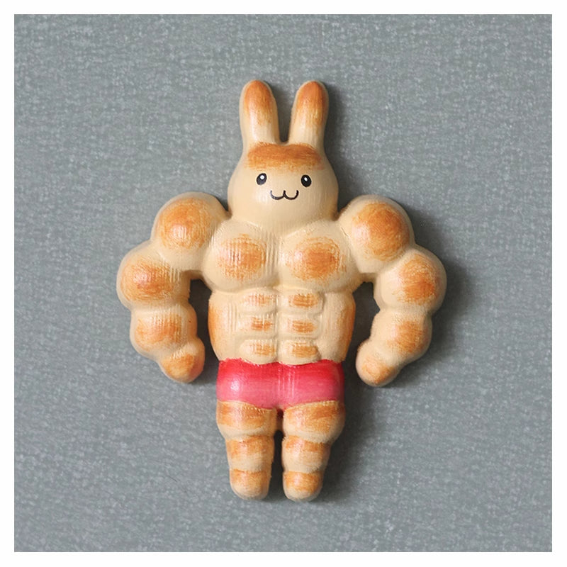 Bunny bread figure with muscle details as fridge magnets.