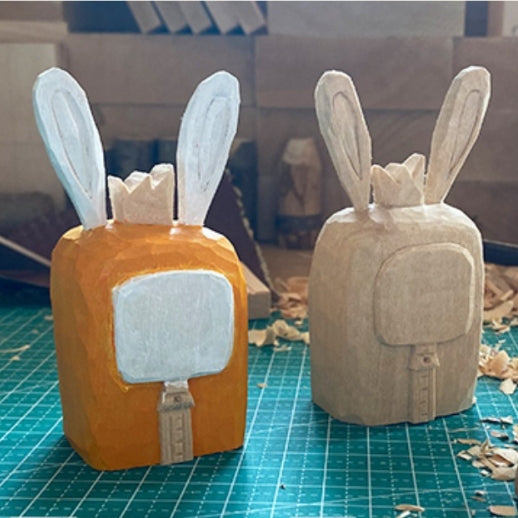 Square cartoon style bunny figures, semi-finished.