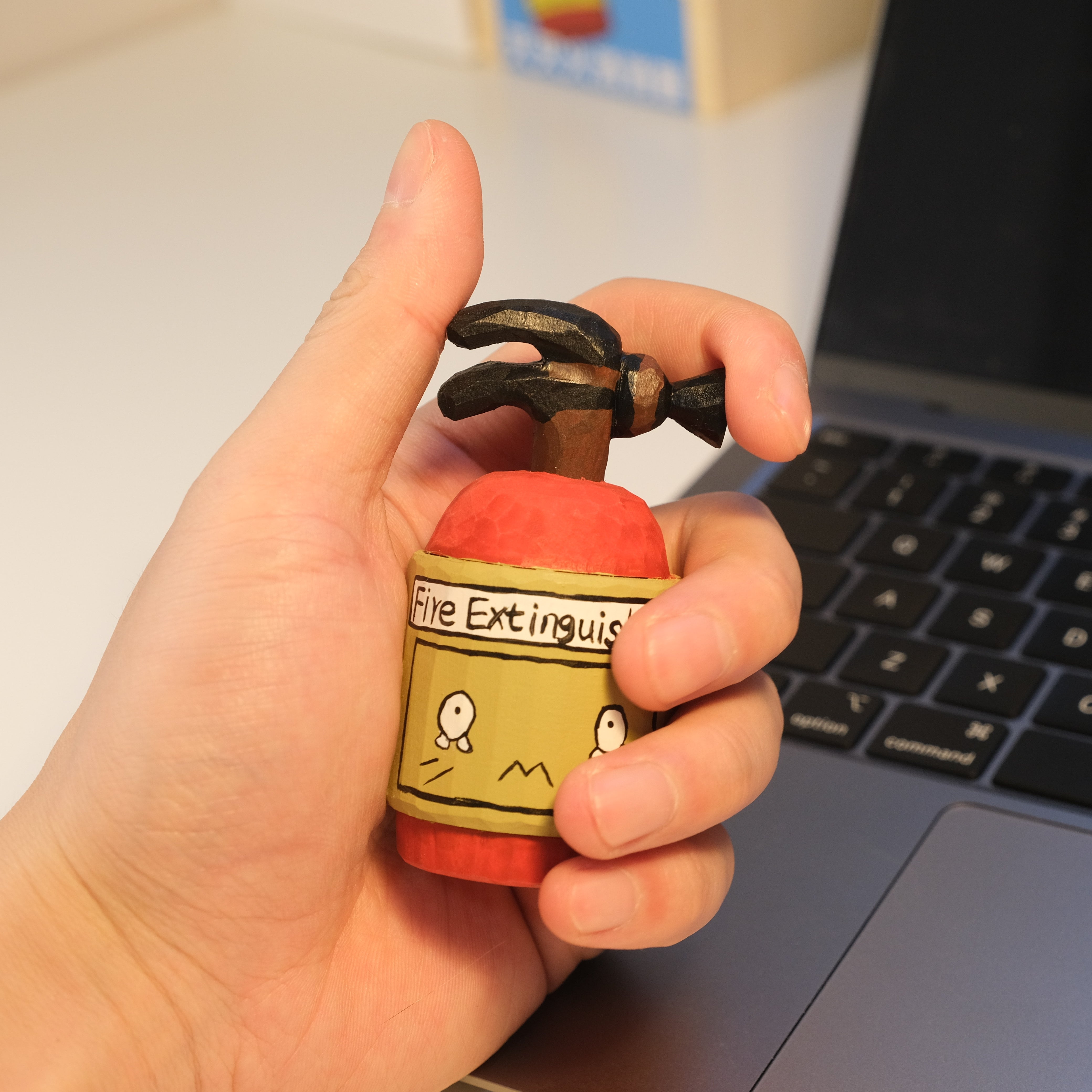 Mini fire extinguisher toy for kids, hand painted wooden statue.