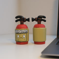 Cartoon style toy fire extinguisher, hand painted on wood.