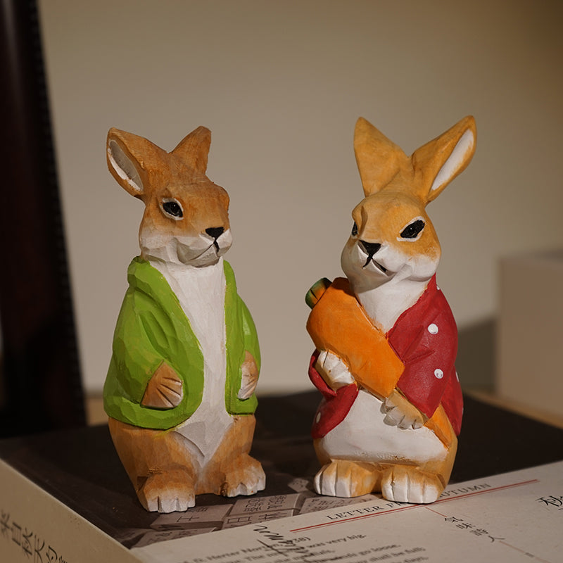 Wooden Bunny Couple Hand-Painted Figurine