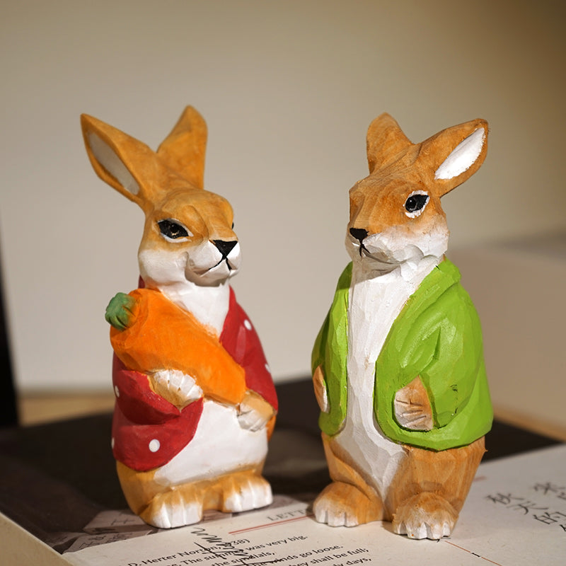 Wooden bunny couple, hand-painted figurine.