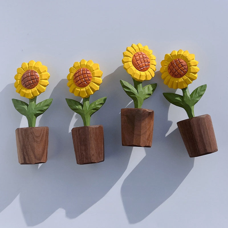 Decorative wooden sunflower sculpture with detailed petal carvings and a rich wooden texture, ideal for nature-inspired interiors.